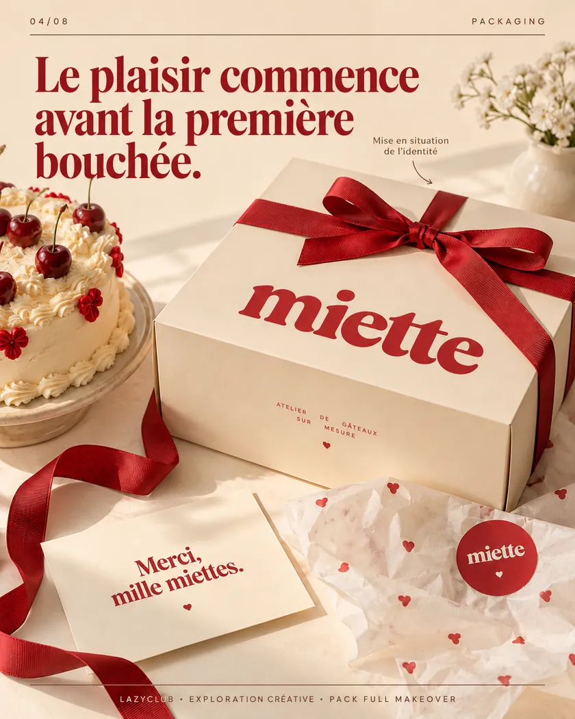 Packaging : boîte à gâteau avec ruban rouge, carte de remerciement et sticker