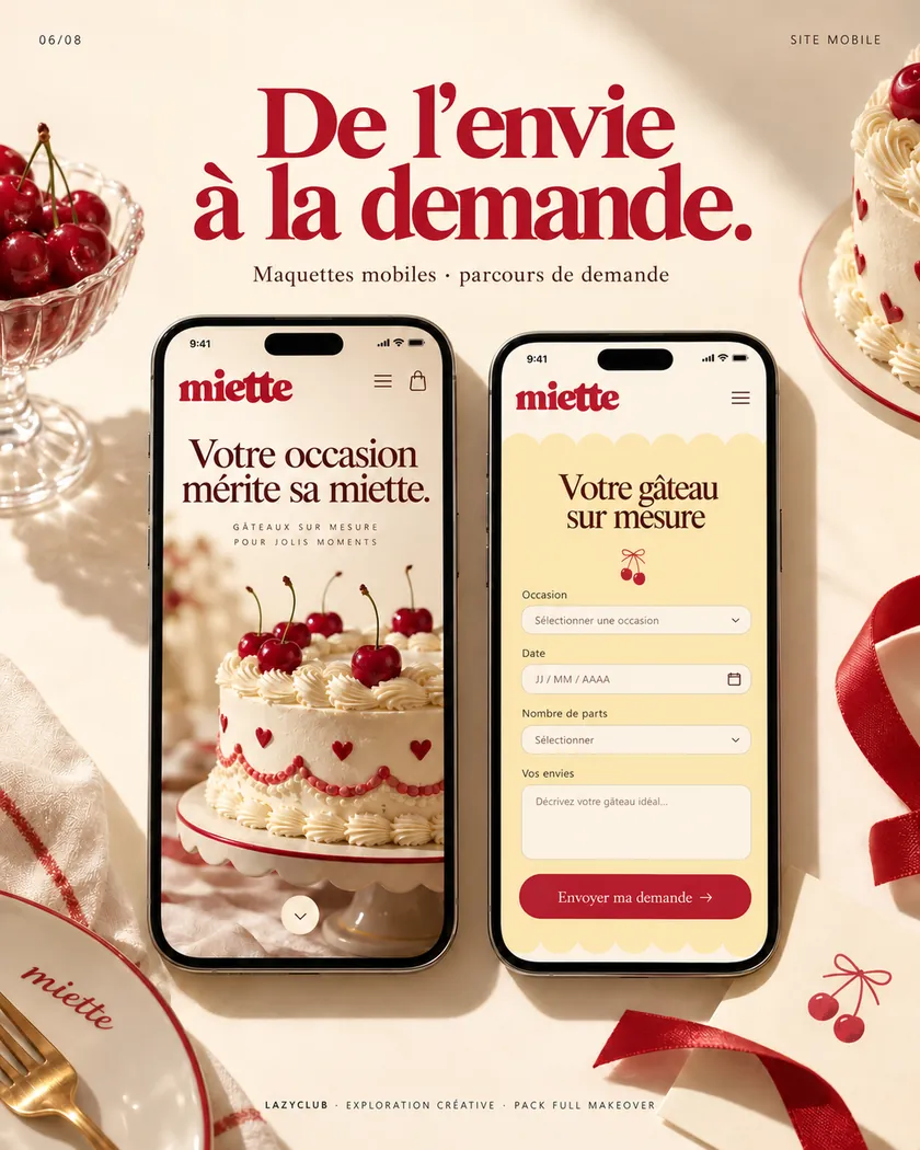 Maquettes mobiles : page d’accueil et formulaire de demande de gâteau sur mesure