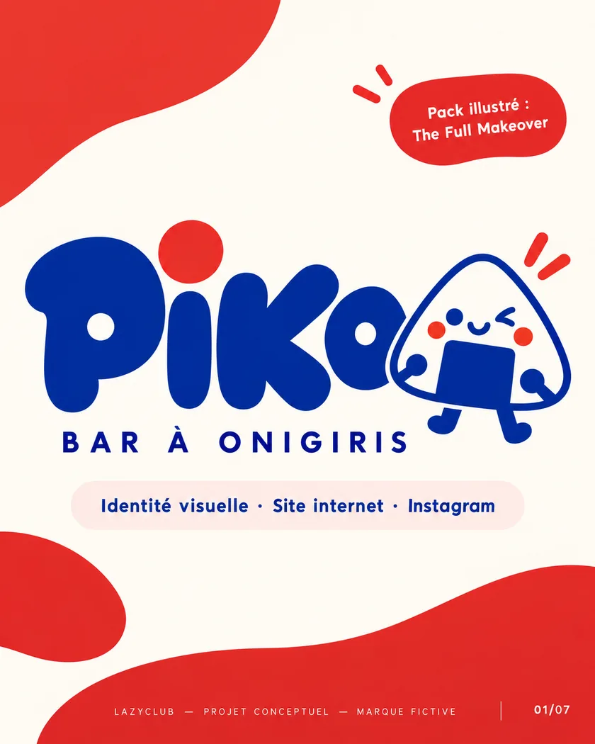 PIKO, bar à onigiris : couverture du carrousel, logo et mascotte onigiri sur fond crème et rouge
