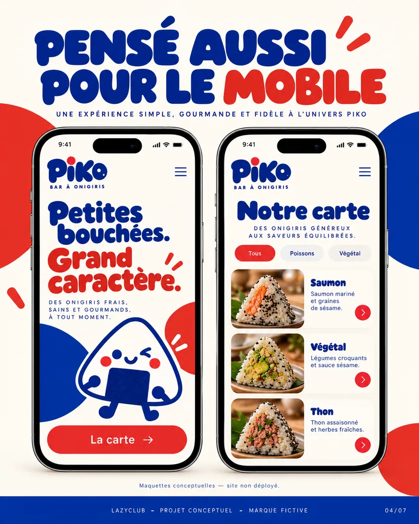 Maquettes mobiles du site Piko : page d’accueil et carte des onigiris