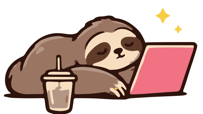 Le paresseux LAZYCLUB endormi devant son ordinateur, un café à côté
