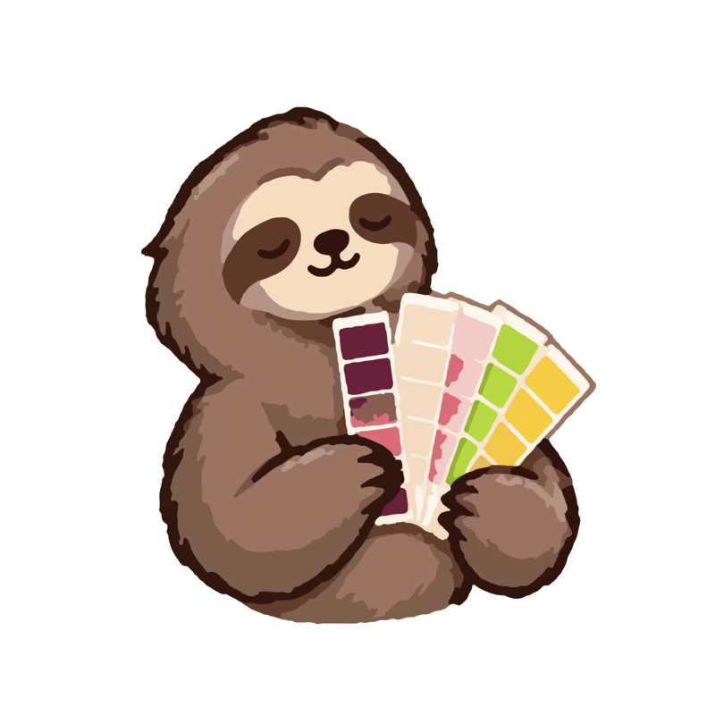 Le paresseux LAZYCLUB serrant un nuancier de couleurs